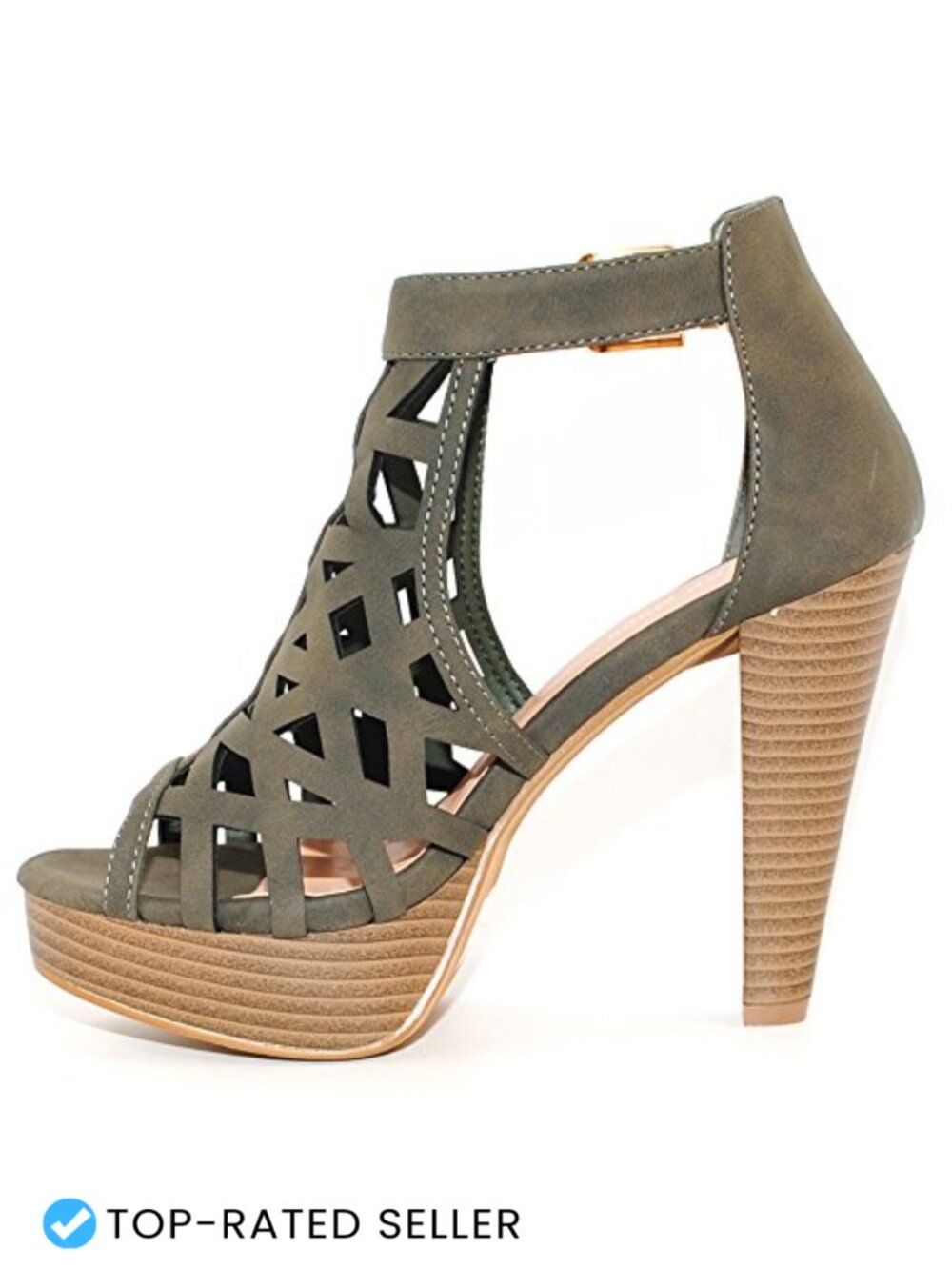 Open Toe Ankle Strap Sandal Stacked Wooden Heel Cutout Buckle - Picture 4 of 6